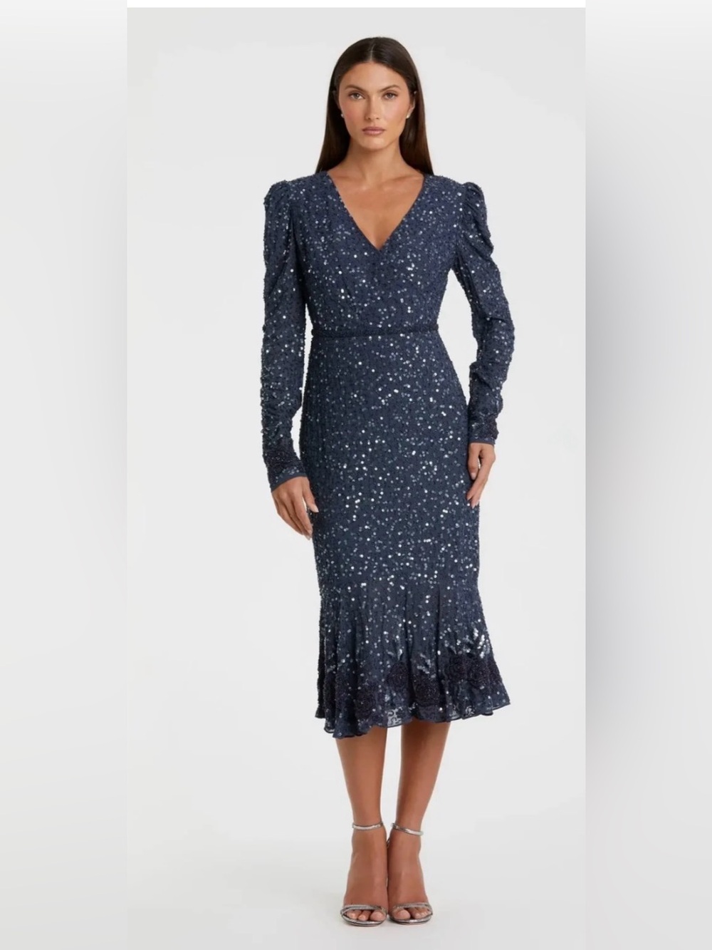 Mac Duggal Sequin V-Neck Long Sleeve Midi Dress